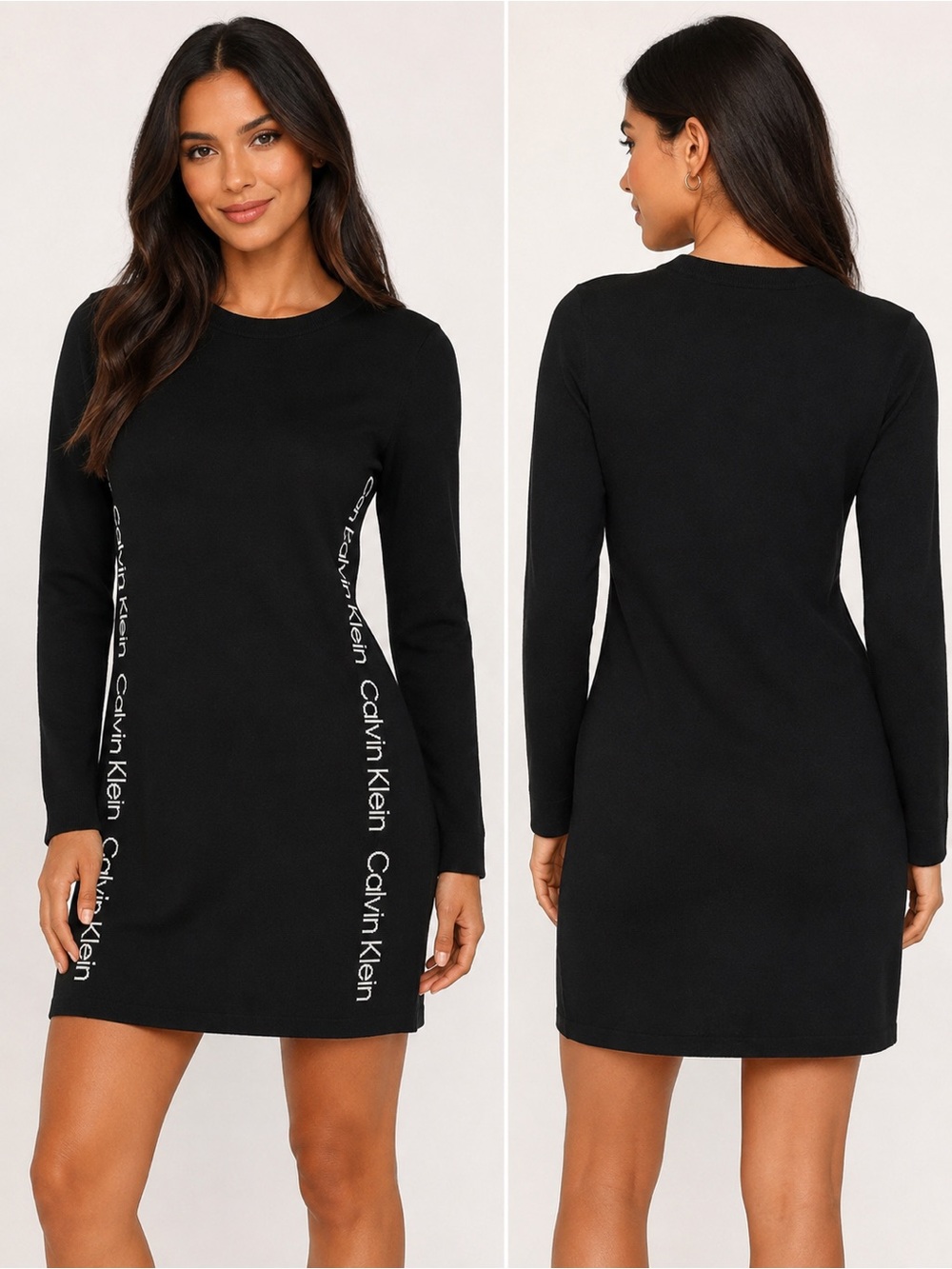 Calvin Klein Black Logo Side Stripe Long Sleeve Sweater Dress NWT M